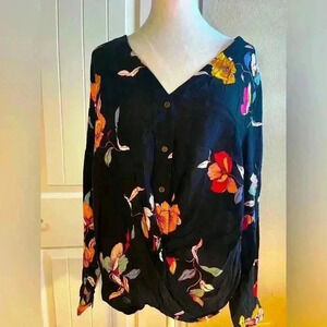 Ana NWT black floral blouse